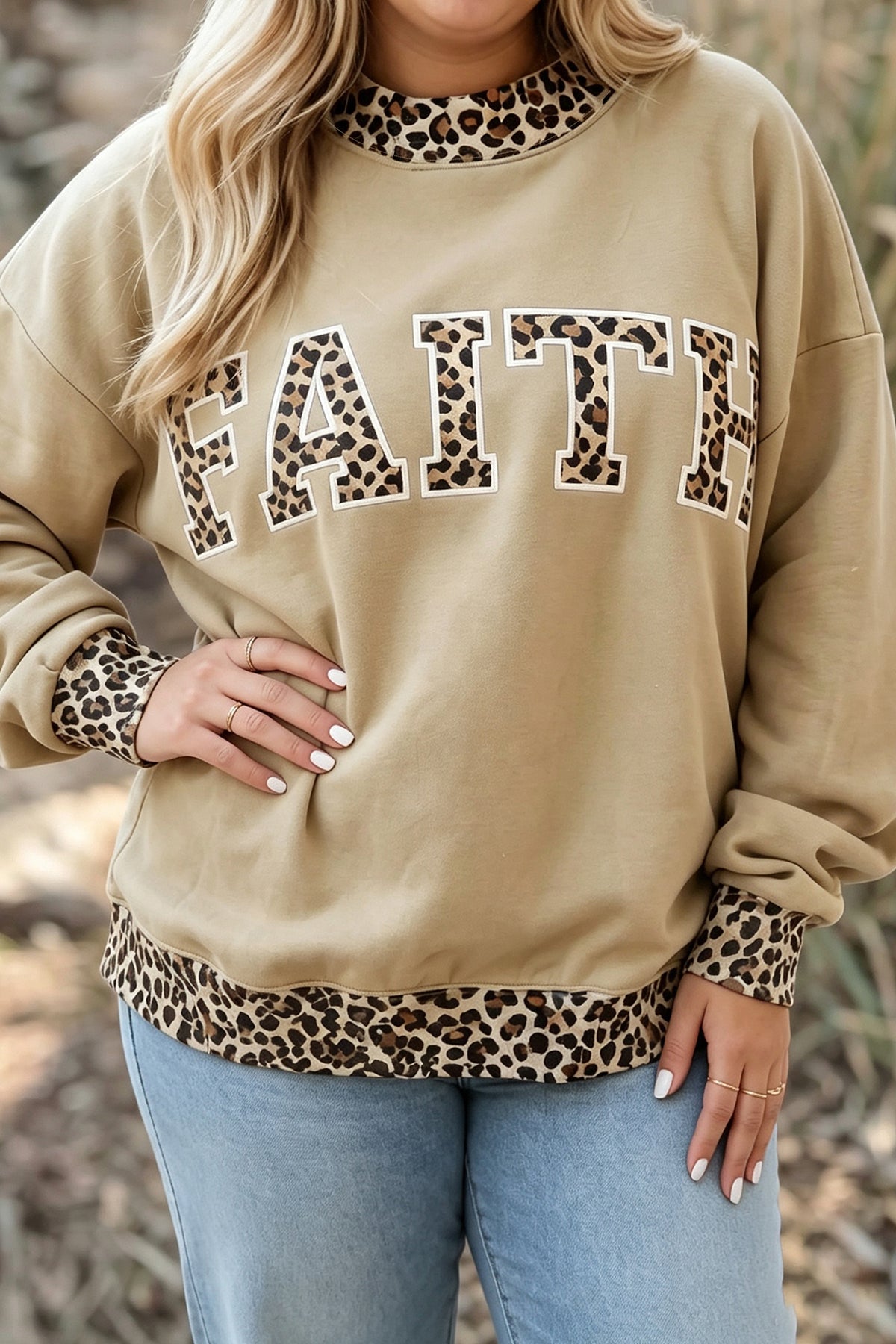Parchment Plus Size Leopard Trim Mock Neck FAITH Graphic Sweatshirt Parchment 50%Polyester+50%Cotton - Plus Size/Plus Size Sweatshirts & Hoodies
