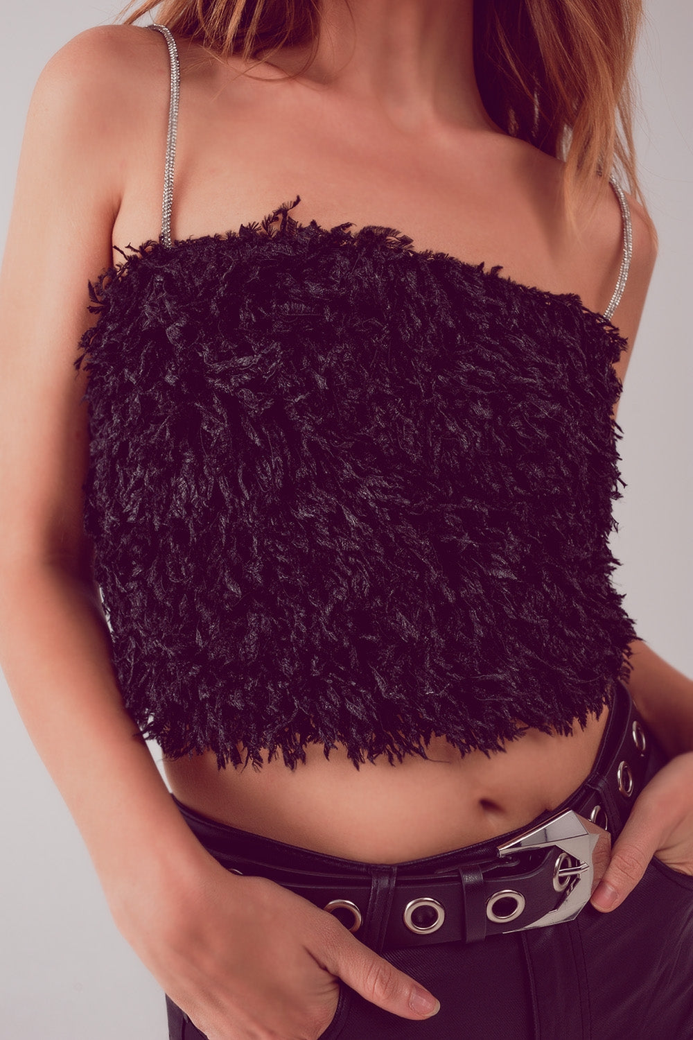 Faux feather crop cami in black - Crop Tops