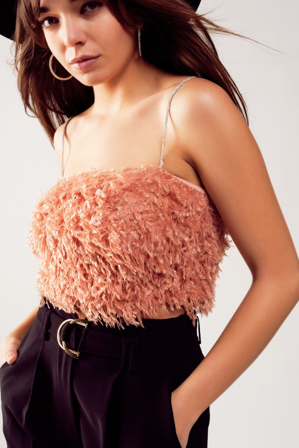 Faux feather crop cami in pink - Crop Tops
