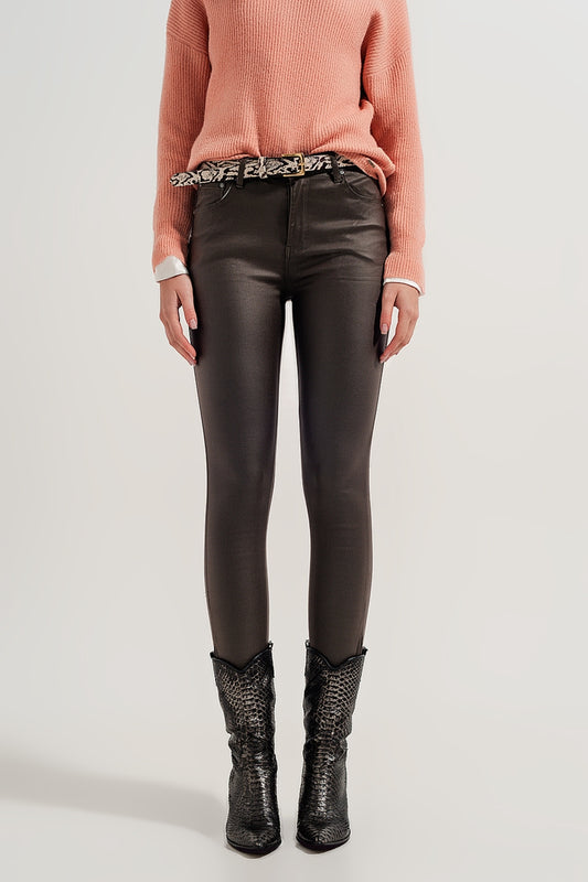 Faux leather high waisted split zip hem pants in khaki - Trousers