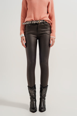 Faux leather high waisted split zip hem pants in khaki