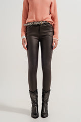 Pantalon taille haute en similicuir avec ourlet zippé fendu en kaki