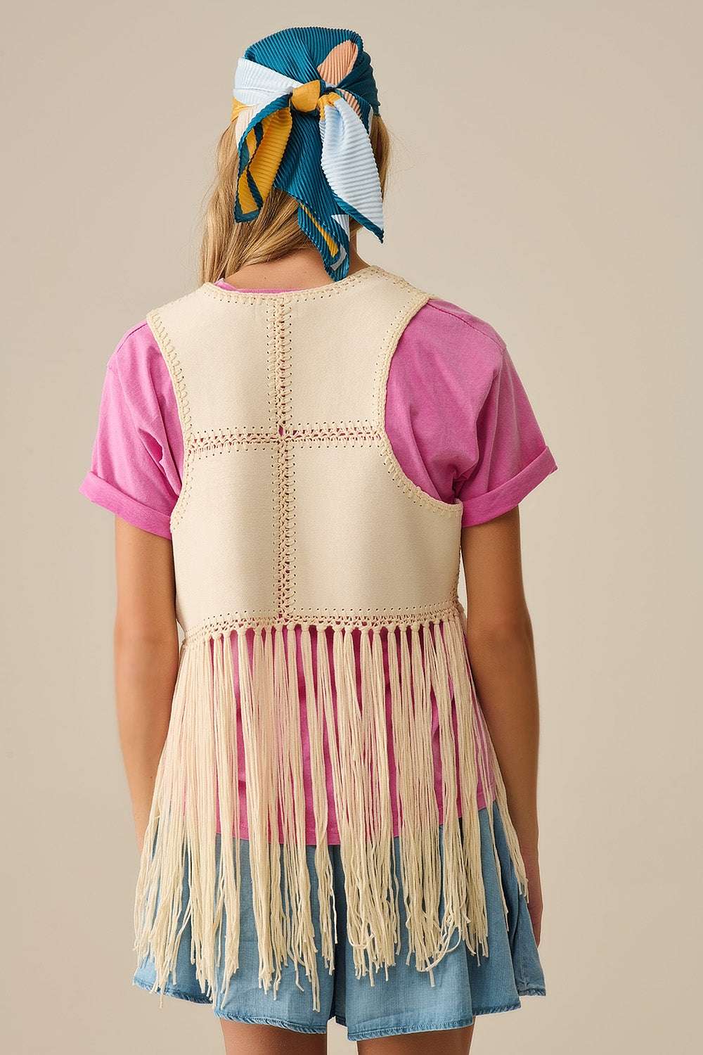 Faux leather vest with patchwork and fringe detail - Vests