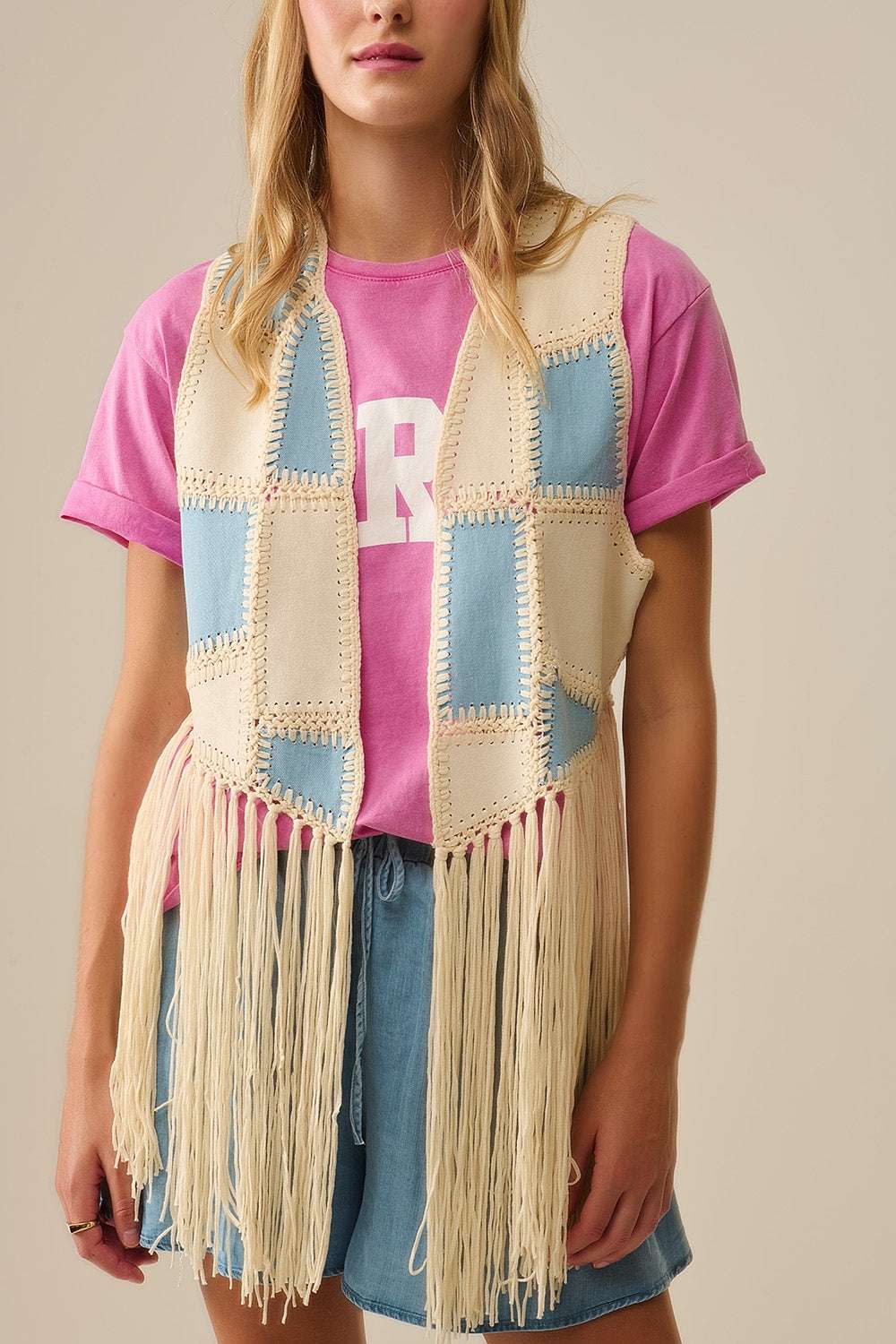 Faux leather vest with patchwork and fringe detail - Vests