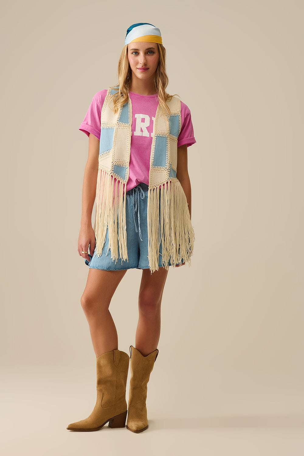 Faux leather vest with patchwork and fringe detail - Vests