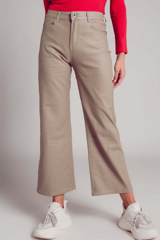 Faux leather wide leg trouser in beige - Trousers