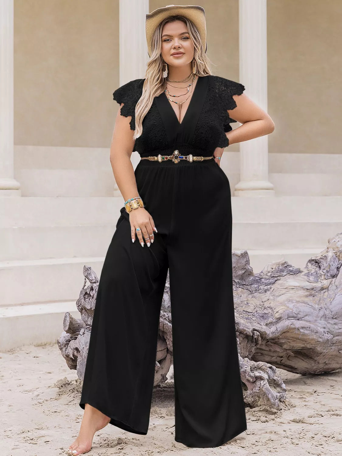 Plus Size Lace Cap Sleeve Wide Leg Jumpsuit -
