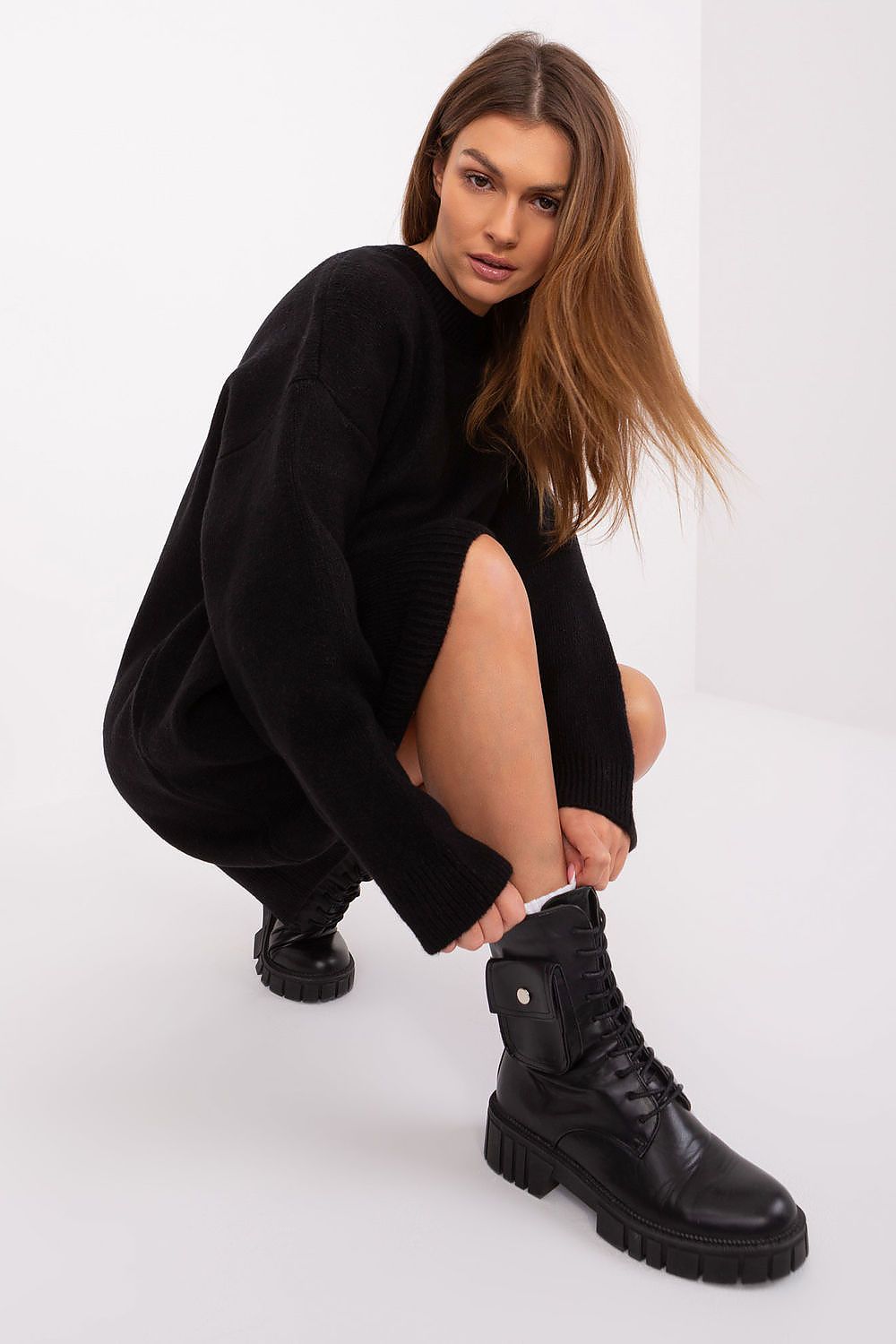 Feminine Cosy Casual Round Neckline Dress black one-size-fits-all -
