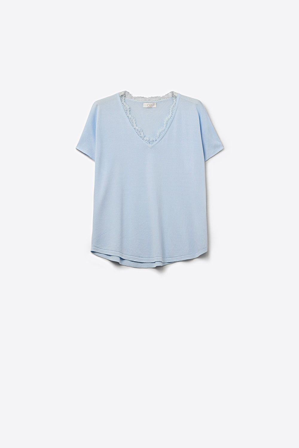 Fine and soft knit sweater with V-neck and lace trim in baby blue -
