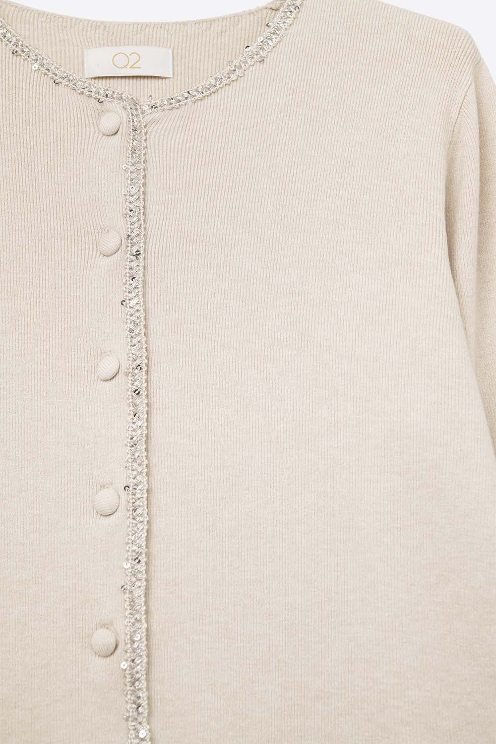 fine knit beige cardigan with rhinestone detail -