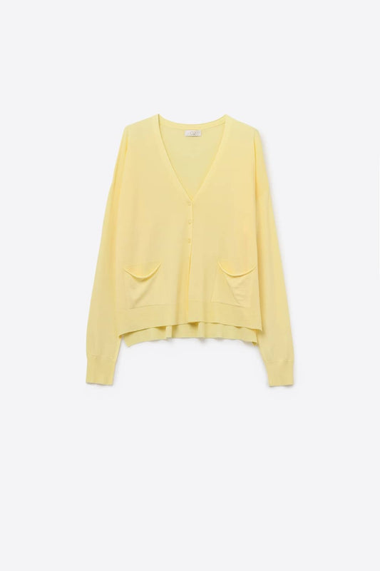 Fine Knit Cardigan with Front Pockets in Yellow -