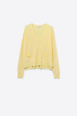 Fine Knit Cardigan with Front Pockets in Yellow