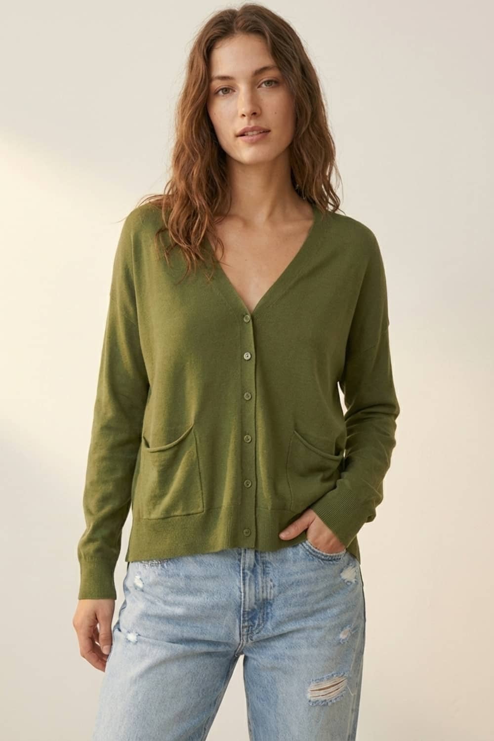 Fine Knit Cardigan with Front Pockets in khaki - Cardigans