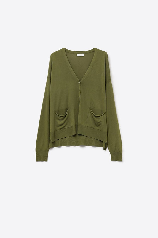 Fine Knit Cardigan with Front Pockets in khaki - Cardigans