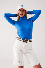 Pull col montant en maille fine bleu
