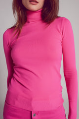 Pull col montant en maille fine fuchsia