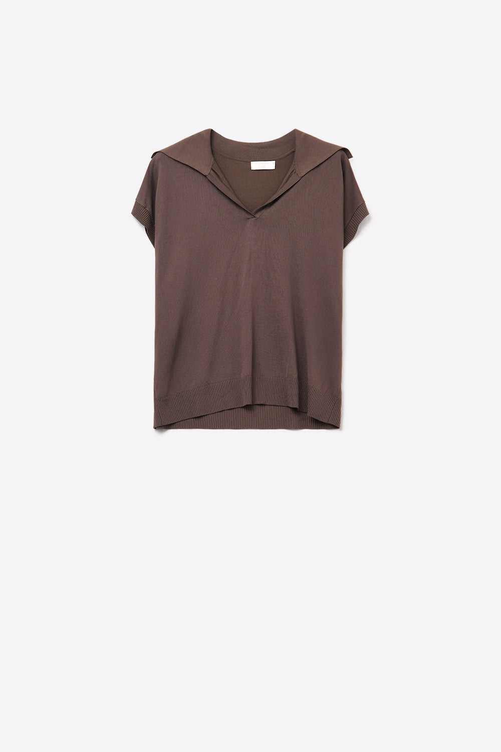 Fine Knit Polo-Style Short Sleeve Top in Brown -