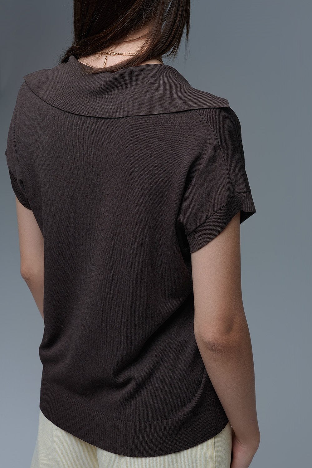 Fine Knit Polo-Style Short Sleeve Top in Brown -