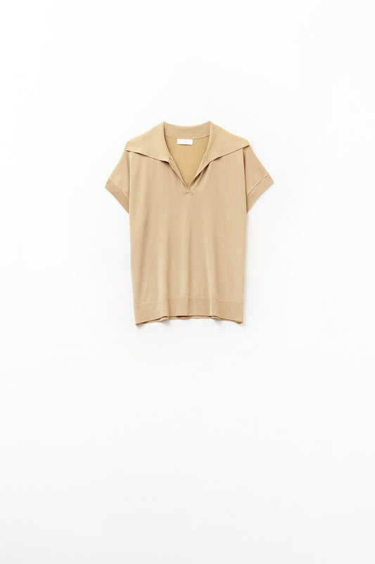 Fine Knit Polo-Style Short Sleeve Top in Camel - Polos