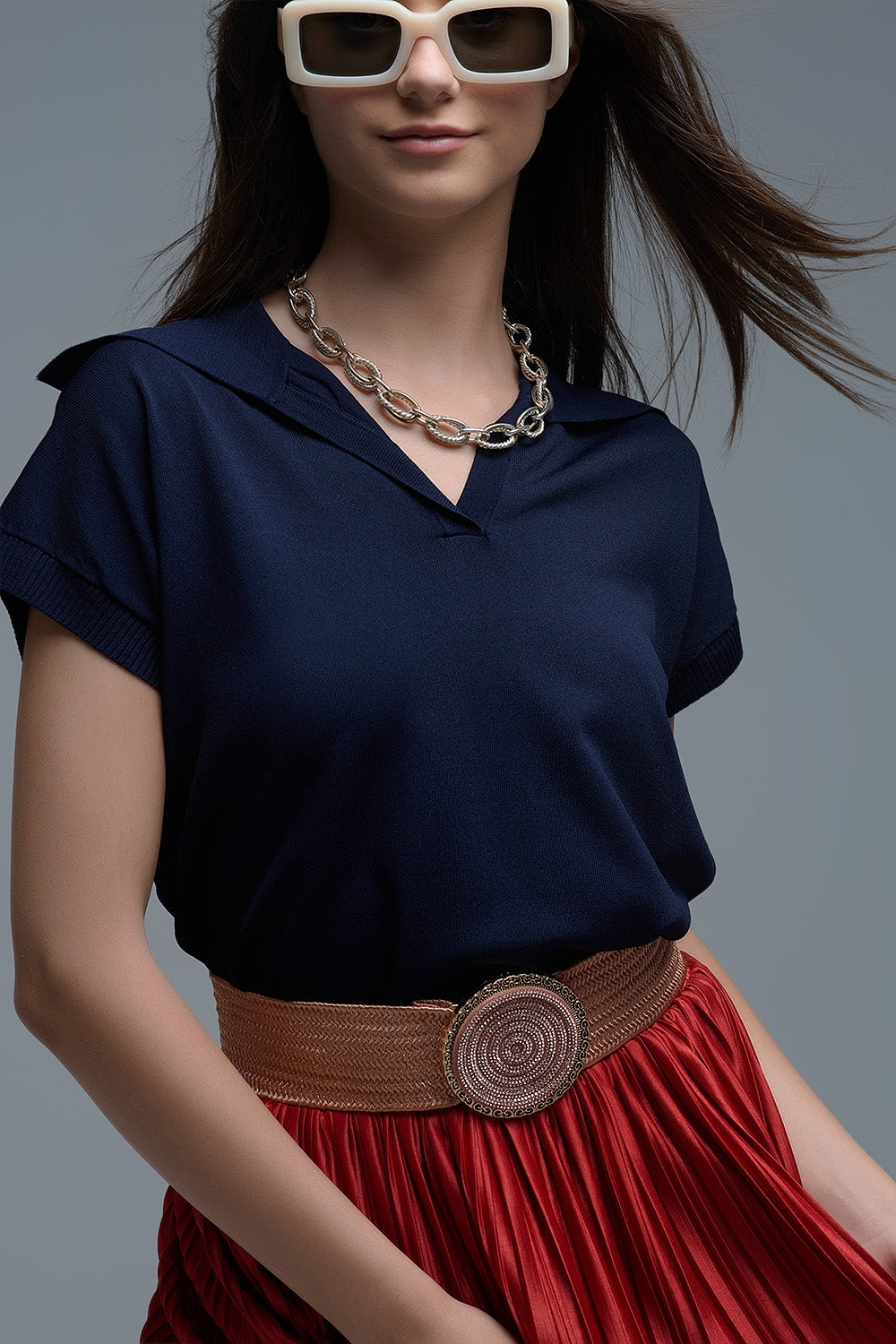 Fine Knit Polo-Style Short Sleeve Top in Navy - Sweaters
