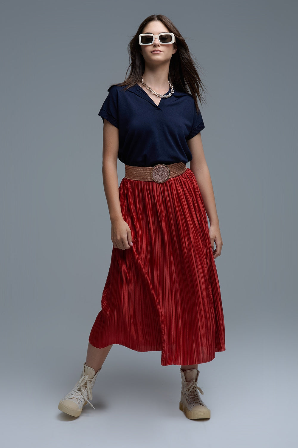 Fine Knit Polo-Style Short Sleeve Top in Navy - Sweaters
