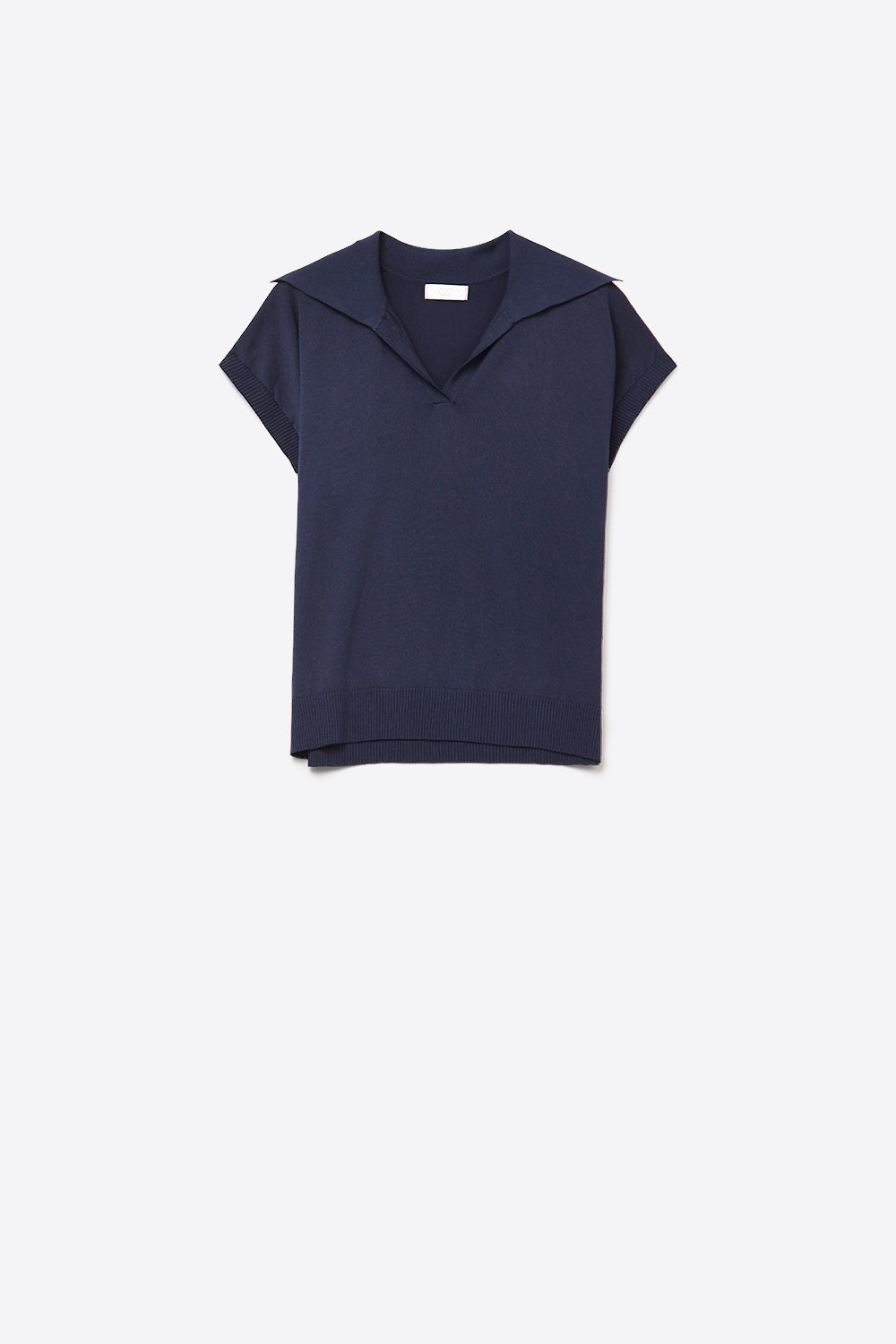 Fine Knit Polo-Style Short Sleeve Top in Navy - Sweaters