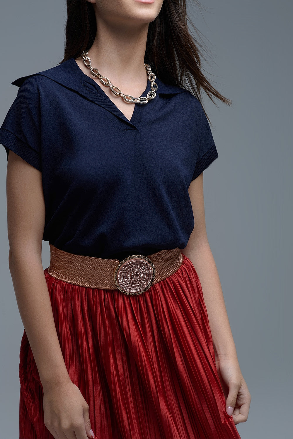 Fine Knit Polo-Style Short Sleeve Top in Navy - Sweaters