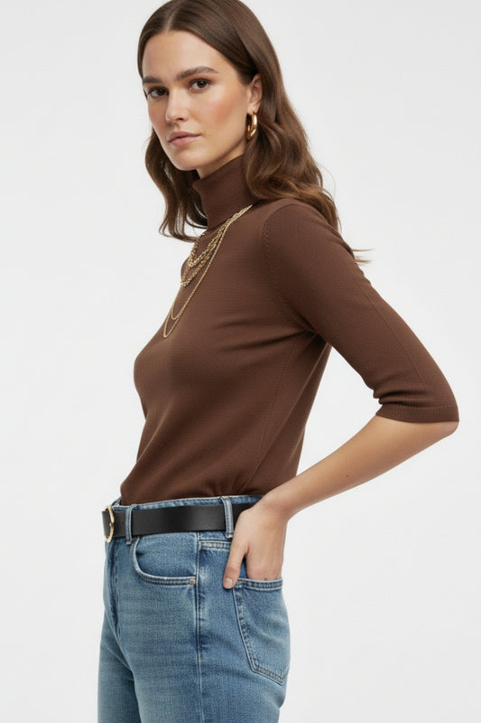 Fine knit sweater in brown with a high neck and elbow-length sleeves -
