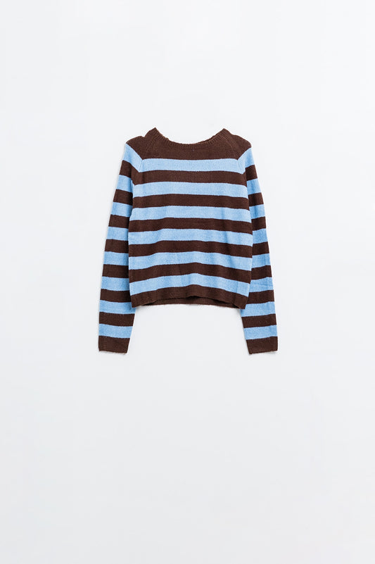Fine knit sweater in brown with blue stripes - Jumpers