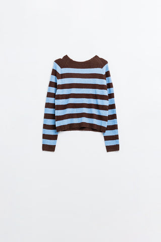Fine knit sweater in brown with blue stripes