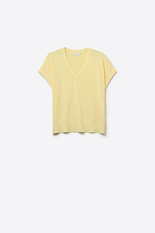 Fine Lightweight Knit Sweater with Wide V-Neck in Yellow - Sweaters