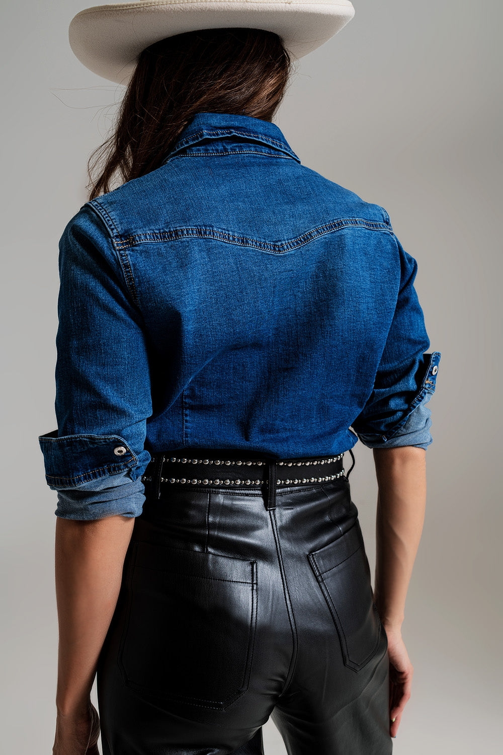 fitted denim shirt with black graphic details with strass - Shirts