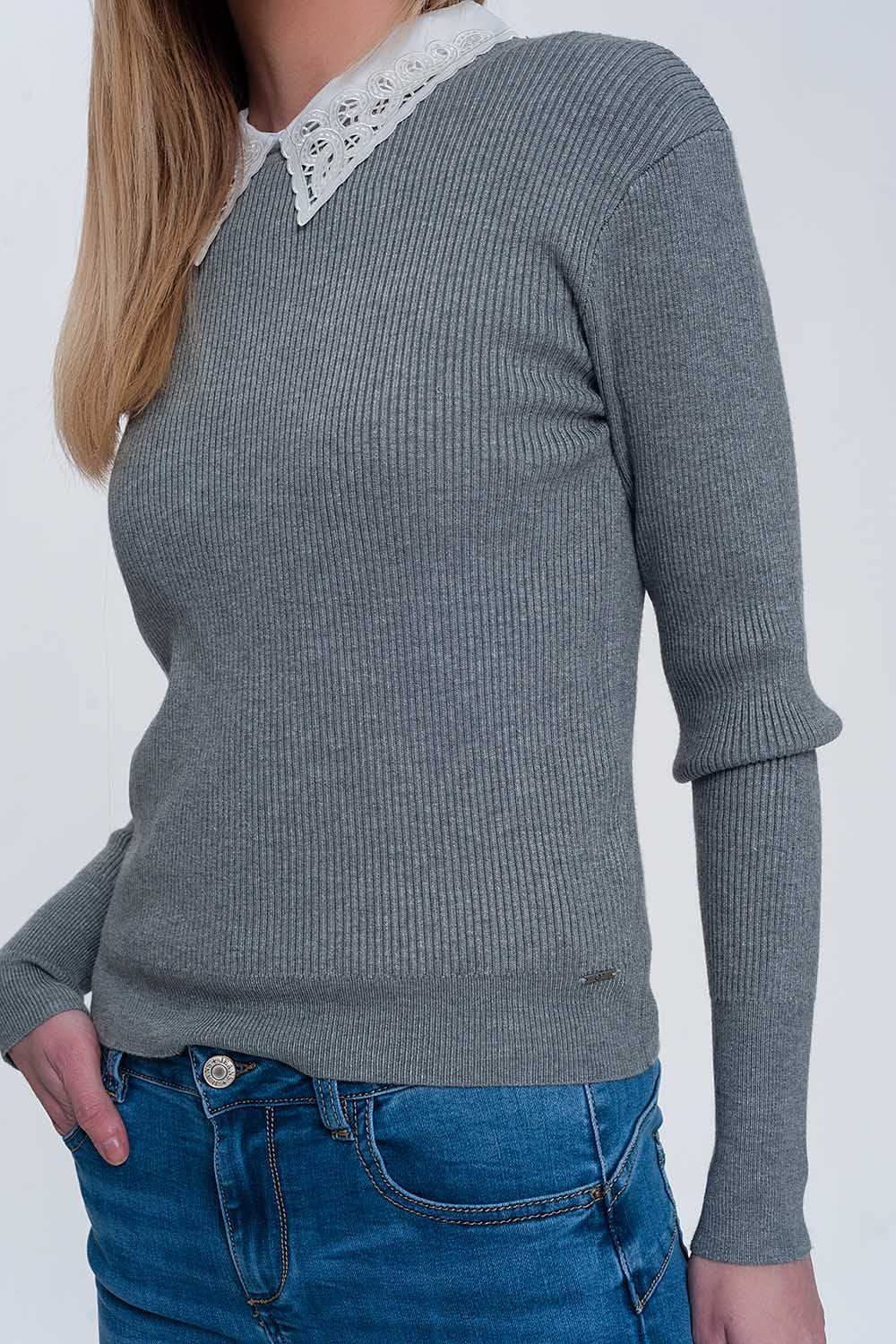 Fitted jumper in gray rib knit - Jumpers