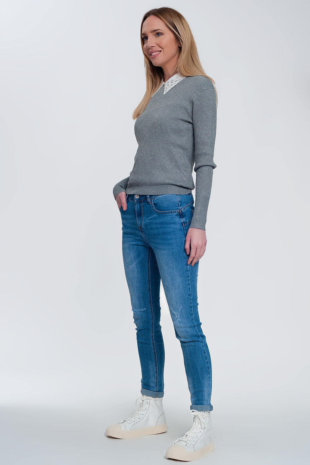 Fitted jumper in gray rib knit - Jumpers