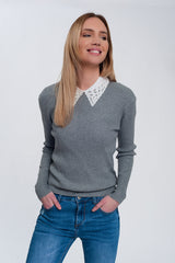 Pulôver ajustado em malha canelada cinza