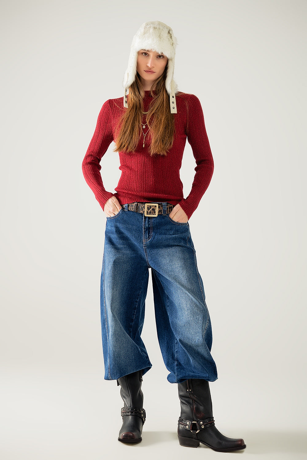 Fitted ribbed sweater in maroon with silver thread detail - Jumpers