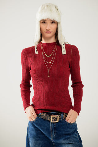 Fitted ribbed sweater in maroon with silver thread detail