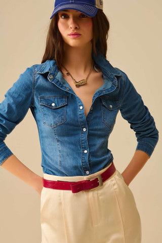 Fitted Stretch Denim Shirt With Chest Pockets