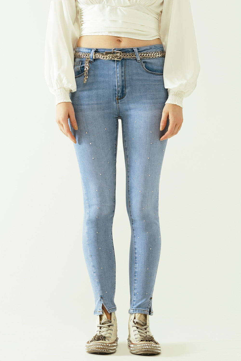 Five-pocket skinny jeans in stretch denim with strass detail all over - Jeans