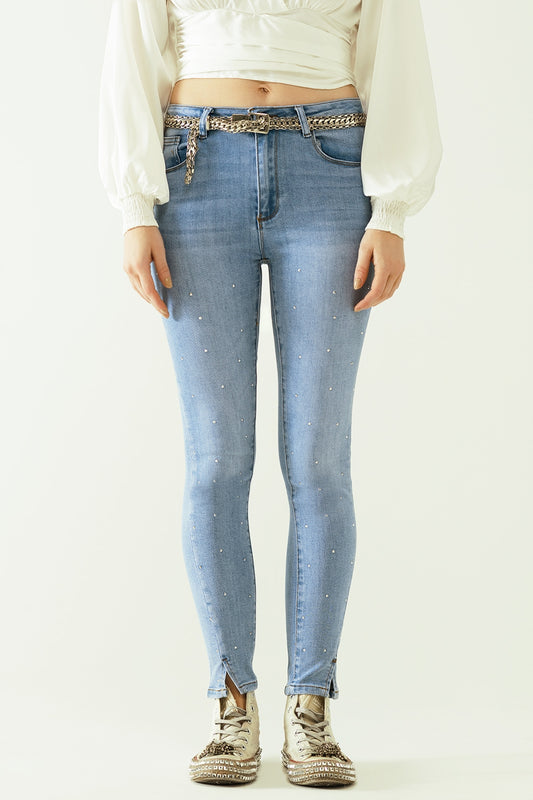 Five-pocket skinny jeans in stretch denim with strass detail all over - Jeans