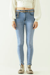Jean skinny à cinq poches en denim extensible avec détails strass sur toute la surface