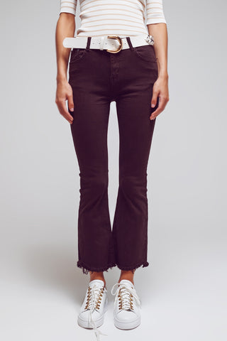 Flare jeans with raw hem edge in brown