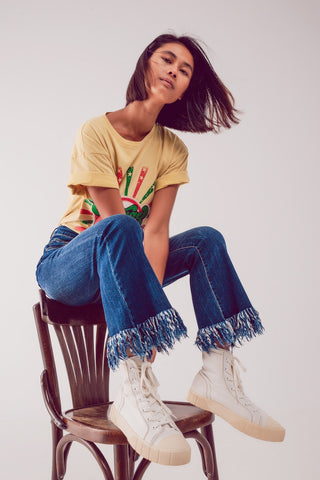 Flare straight leg jeans with raw hem edge in deep blue