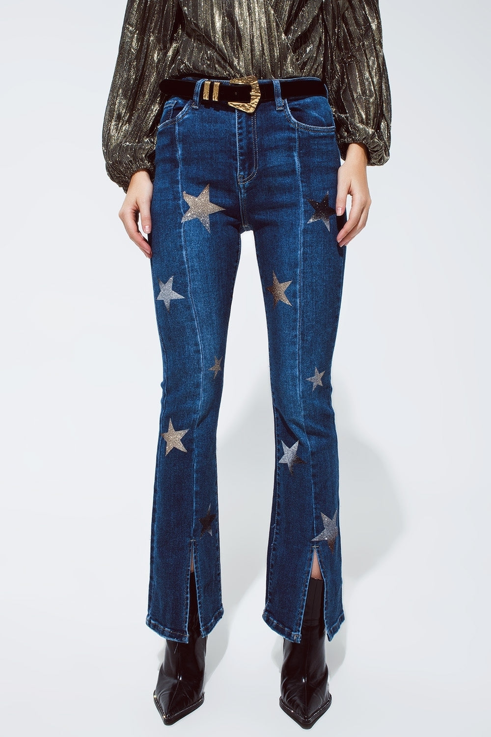 Flared Jeans with Shiny Stars Detail in Blue - Jeans