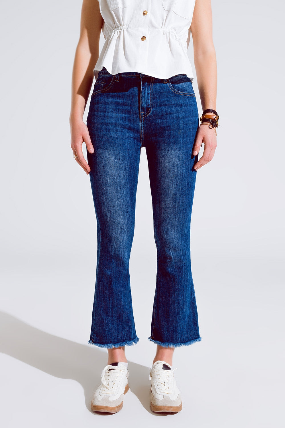 Flared Skinny Jeans With Raw Hem Edge In Mid Wash - Jeans