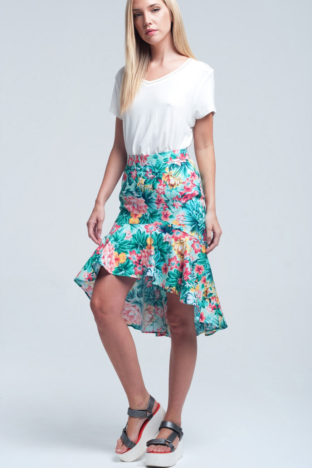 Floral asymmetrical green skirt - Skirts