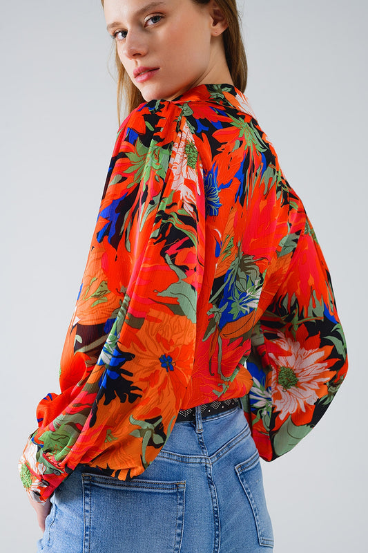 Floral Balloon Sleeves chiffon Shirt in Black - Shirts