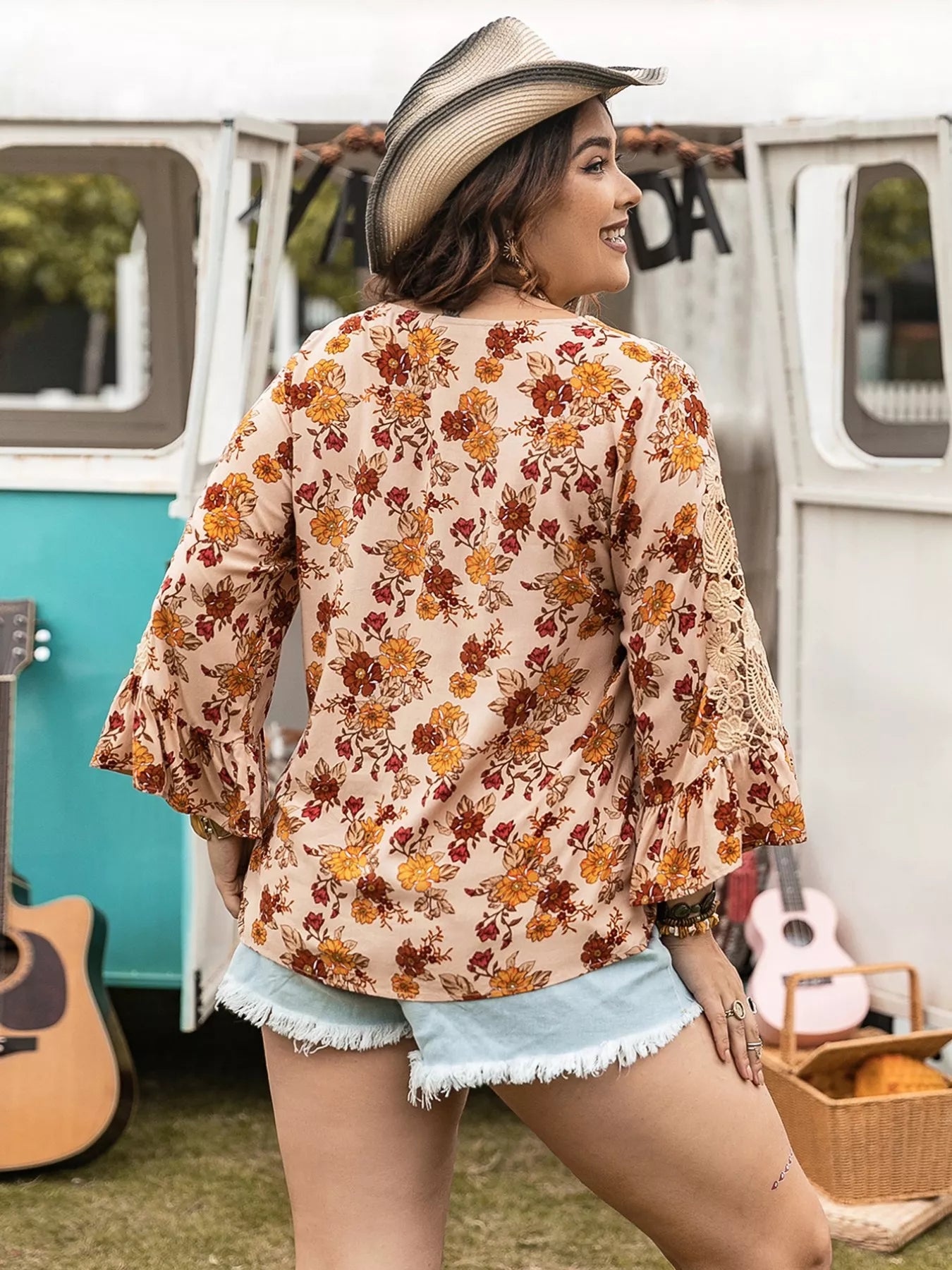 Plus Size Floral Lace Detail V-Neck Blouse - Blouses