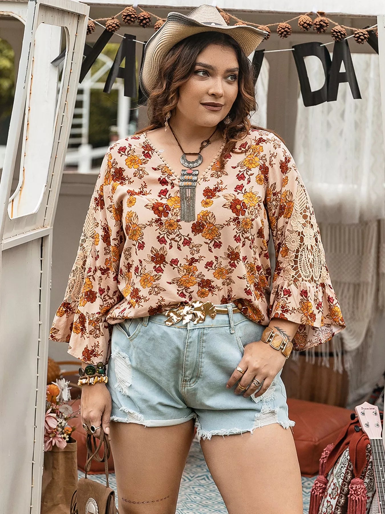 Plus Size Floral Lace Detail V-Neck Blouse Floral - Blouses