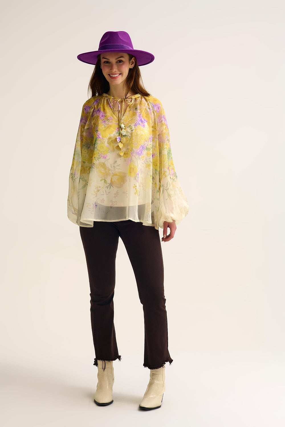Floral Chiffon Blouse with Sheer Finish and Flowing Silhouette - Blouses